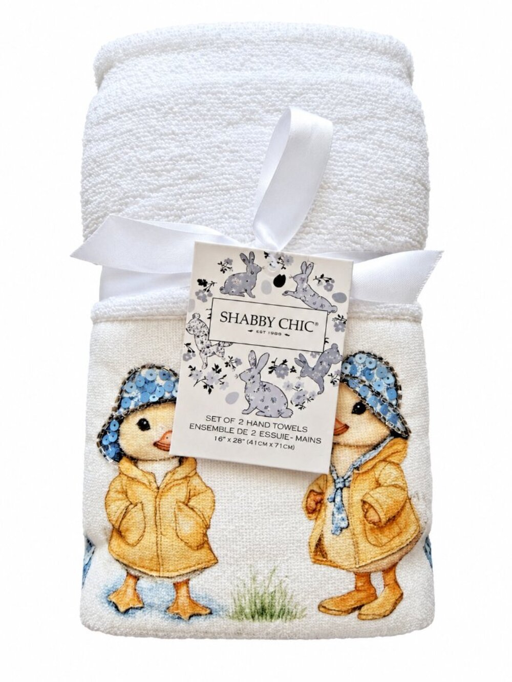Shabby Chic Hand Towels Easter Beaded Sequin Embroidered White Ducks Set of 2